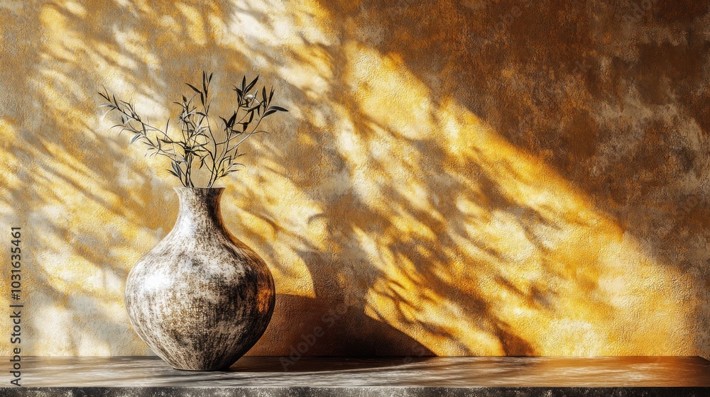 Poster a vase with branches sits on a table in front of a yellow wall with dappled sunlight.