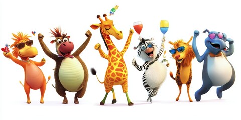 Animated animals dancing with drinks.