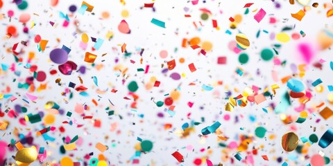 Colorful confetti falling on white background.