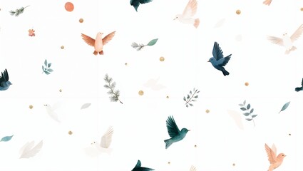 A Delightful Tapestry of Colorful Birds in Flight Amongst Nature's Decorated Elements, Capturing a Serene Atmosphere of Freedom and Tranquility from the Sky Above.