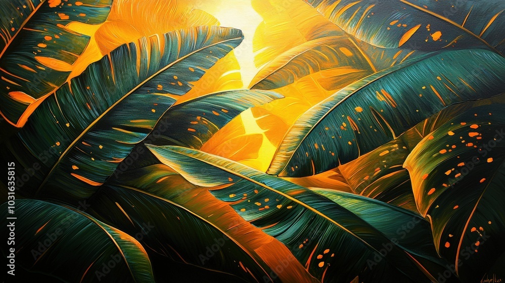 Poster a vibrant composition of large spotted banana leaves showcasing their unique patterns and textures, 
