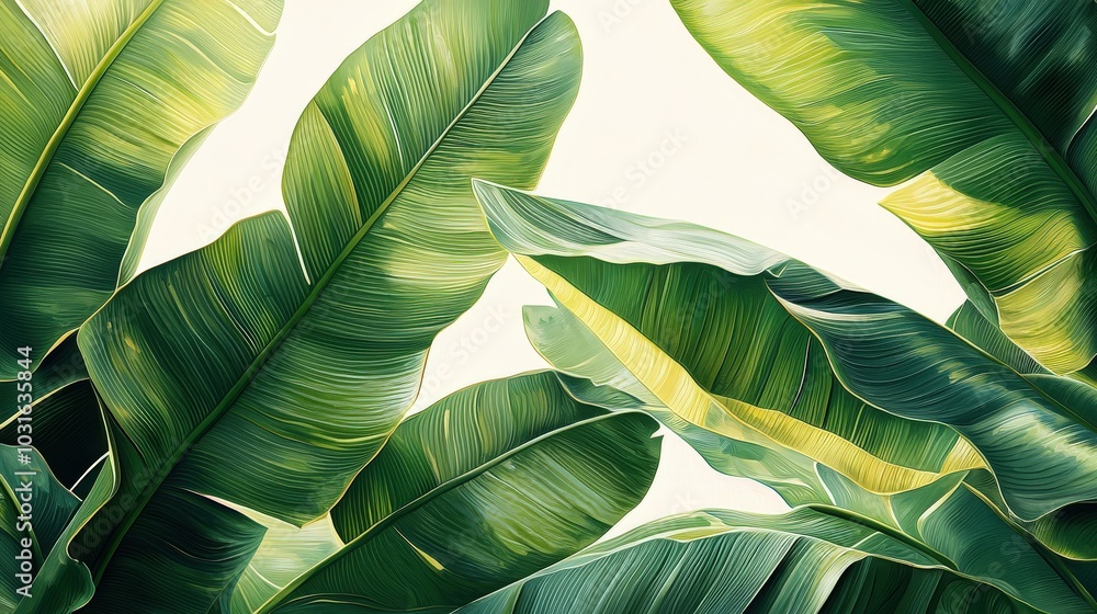 Poster a vibrant composition of large spotted banana leaves showcasing their unique patterns and textures, 