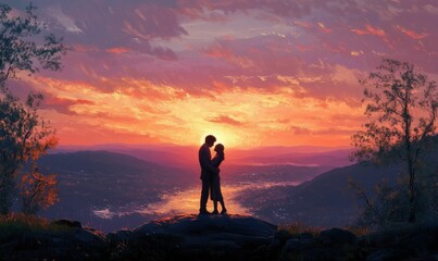Fototapeta premium Couple silhouetted against a colorful sunset.