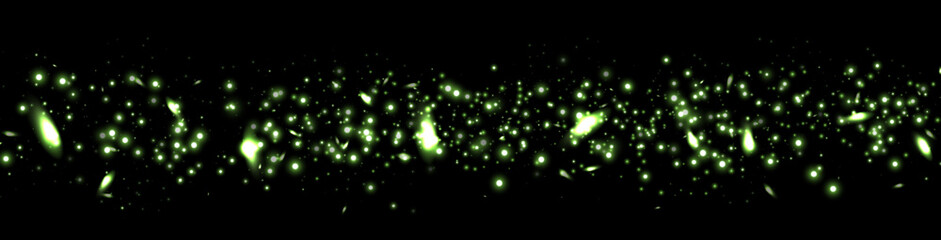 Green glittering dots, particles, stars magic sparks. Dust cloud flare light effect. Green luminous points with smoke. Vector particles on transparent background