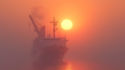 Fototapeta premium Scenic landscape of a cargo ship departing from an international seaport during a beautiful sunset The silhouette of the ship is set against the dramatic sky and horizon