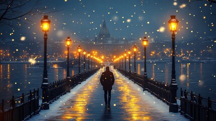 Fototapeta premium A solitary figure walks along a snow-covered bridge, illuminated by warm streetlights, during a peaceful winter evening snowfall.