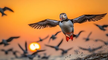 A puffin flies against a vibrant sunset, surrounded by other birds in motion.