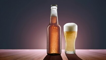 Product photography, advertising poster, beer bottle with beer glass It looks delicious and has a cool atmosphere.
