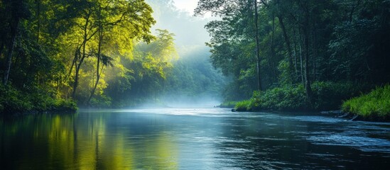 Fototapeta premium A tranquil river flows through a lush, misty forest with sunbeams breaking through the canopy.
