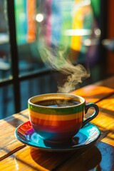 Fototapeta premium A colorful hot cup of coffee on a wooden table, with steam rising in the morning light. 