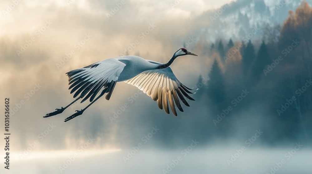 Poster A graceful crane in flight over a misty landscape, showcasing nature's beauty.