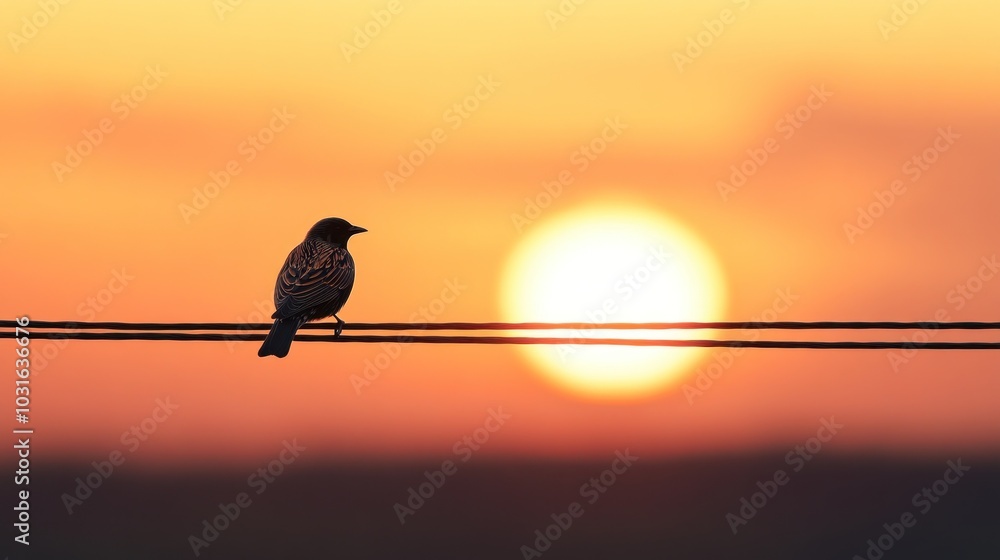 Sticker A silhouetted bird perched on a wire against a vibrant sunset backdrop.