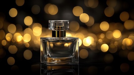 Elegant perfume bottle with blurred golden background