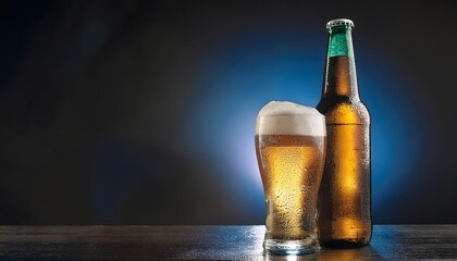 Product photography, advertising poster, beer bottle with beer glass It looks delicious and has a cool atmosphere.
