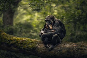 A mother chimpanzee lovingly embraces her baby on a mossy tree branch in a lush forest.