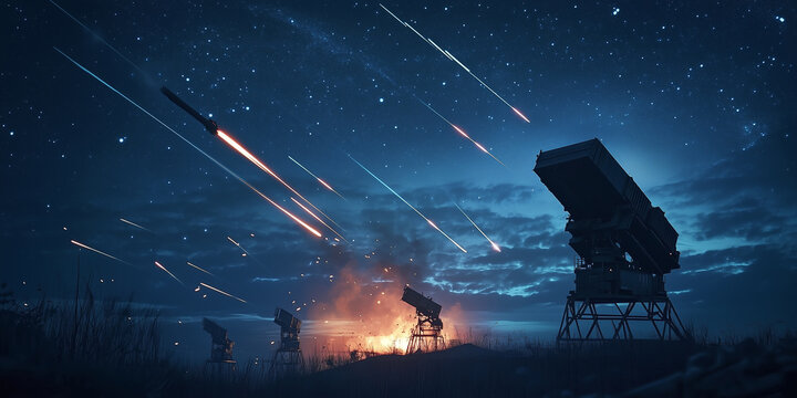 Realistic Night Sky Depiction of Missile Defense System in Action, Radar and Interceptor Units Successfully Engage and Destroy Incoming Missiles