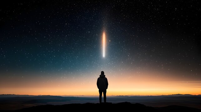 Silhouetted figure standing in contemplation looking up at the stunning sight of the bright comet C2023 A3 streaking across the vast starry night sky  An moment of cosmic wonder and