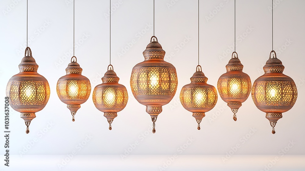 Poster elegant golden lanterns hanging a row against a clean white backdrop their ornate patterns illuminat