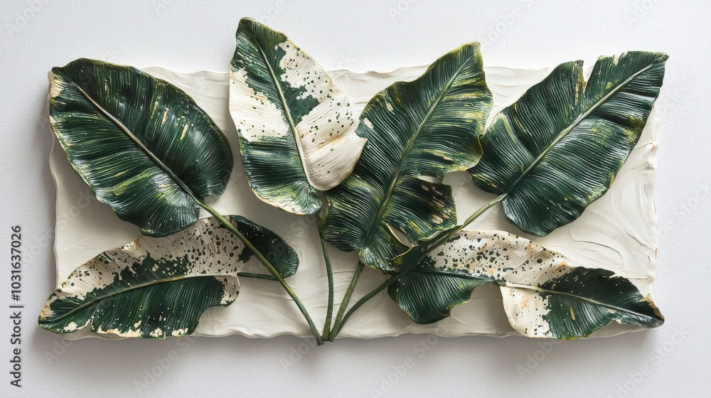 Poster a striking composition of a large spotted banana leaf and a few smaller ones, positioned artisticall
