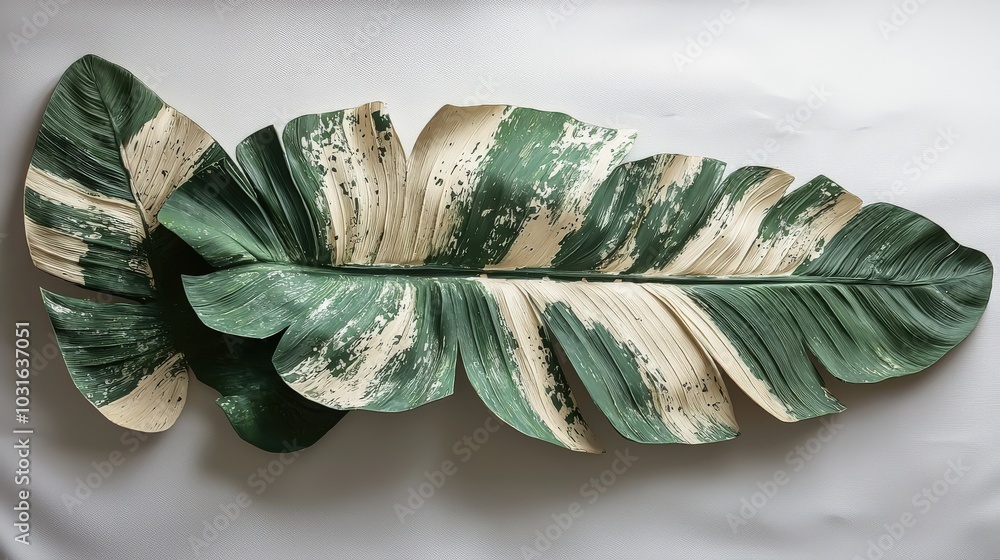 Poster a striking composition of a large spotted banana leaf and a few smaller ones, positioned artisticall