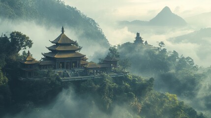 Obraz premium Foggy mountaintop temple with ornate roof.
