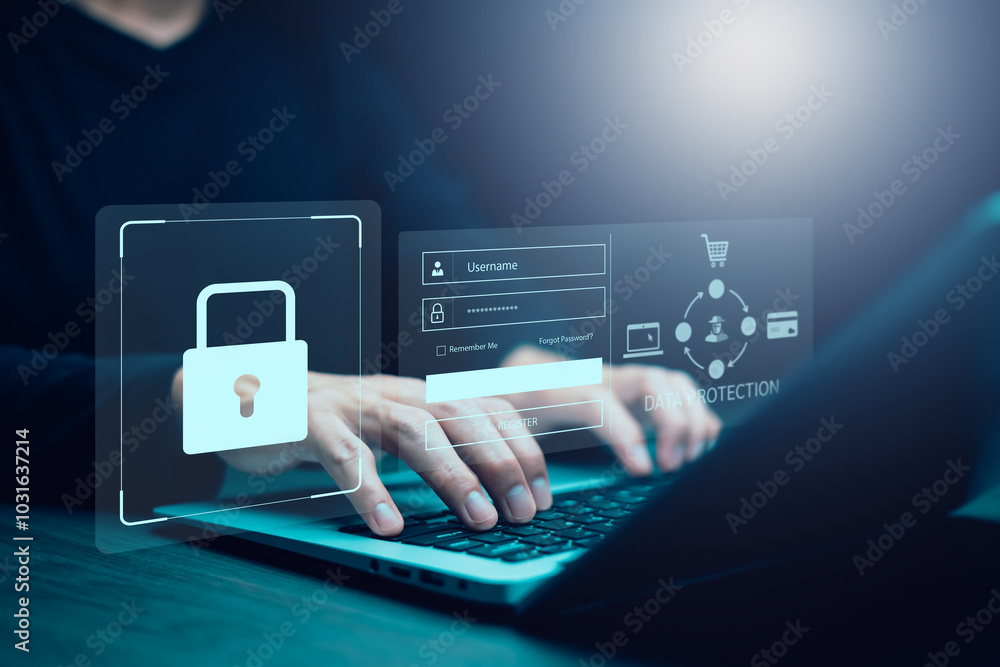 Poster cyber security and security password login online concept hands typing and entering username and pas