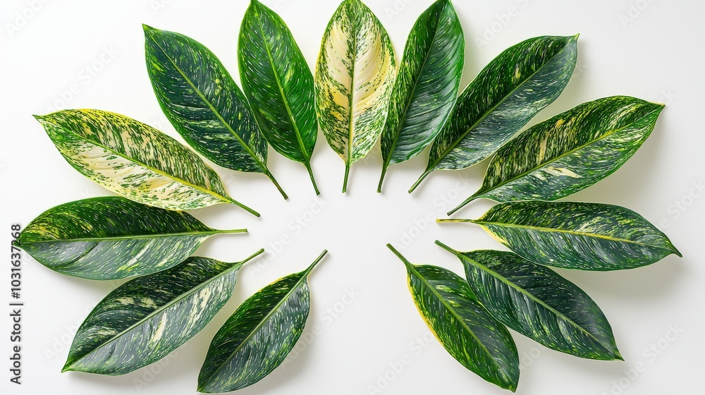 Poster a vibrant top view of several spotted banana leaves arranged in a circular pattern on a white backgr