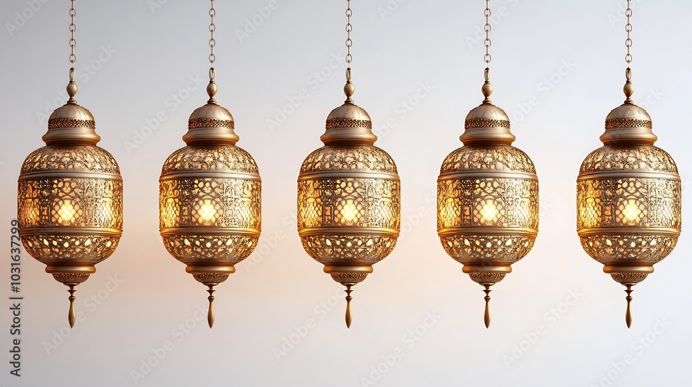 Poster elegant golden lanterns hanging a row against a clean white backdrop their ornate patterns illuminat