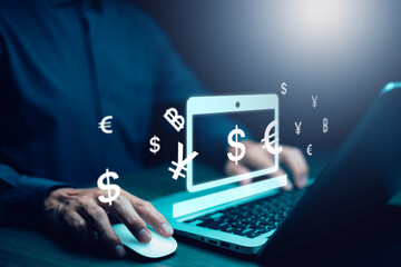 Businessman  holding virtual world with currency sign for forex exchange and global money transfer by technology concept.Global stock market and currency strengthening concept