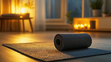 Rolled yoga mat on floor with warm lighting in a living room.