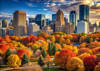 Obraz premium Stunning Cityscape with Vibrant Autumn Trees for Fall Decor and Seasonal Marketing