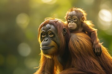 Naklejka premium A mother orangutan carries her young on her back, showcasing their bond in a lush environment.