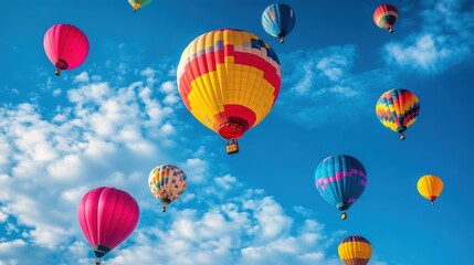 Obraz premium Colorful hot air balloons float in blue sky.