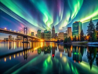 Obraz premium Stunning City Skyline Under Vibrant Aurora Borealis - High Depth of Field Night Scene
