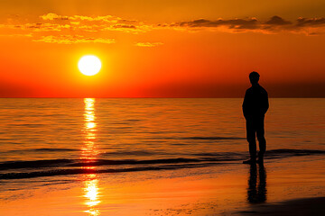 Silhouette of man standing on beach during sunset reflecting peace solitude relaxation ocean waves golden sky horizon travel nature mindfulness calmness scenic inspiration
