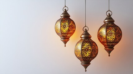 Elegant golden lanterns hanging a row against a clean white backdrop their ornate patterns illuminated softly Ramadan Kareem text flows underneath creating a serene and spiritual atmosphere