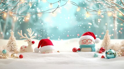 Glowing Christmas lights setting a festive mood in the background, with soft sculptures of Santa hats and reindeer adding charm.