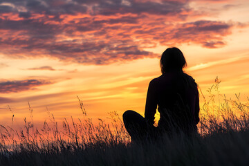 Silhouette of a woman meditating at sunset, peaceful nature scene, vibrant sky colors, tranquil moment of self-reflection and mindfulness, perfect for inspiration and relaxation themes

