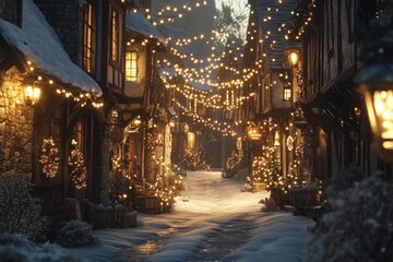 Obraz premium A charming winter village scene adorned with festive lights and decorations.