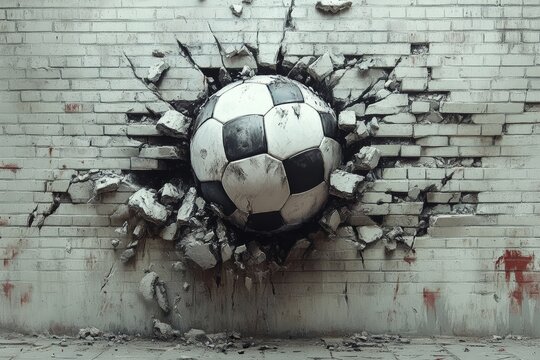 Soccer ball breaking through a wall, dynamic and impactful design.