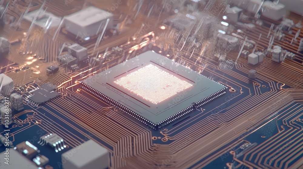Poster glowing microchip on circuit board technology innovation data processing