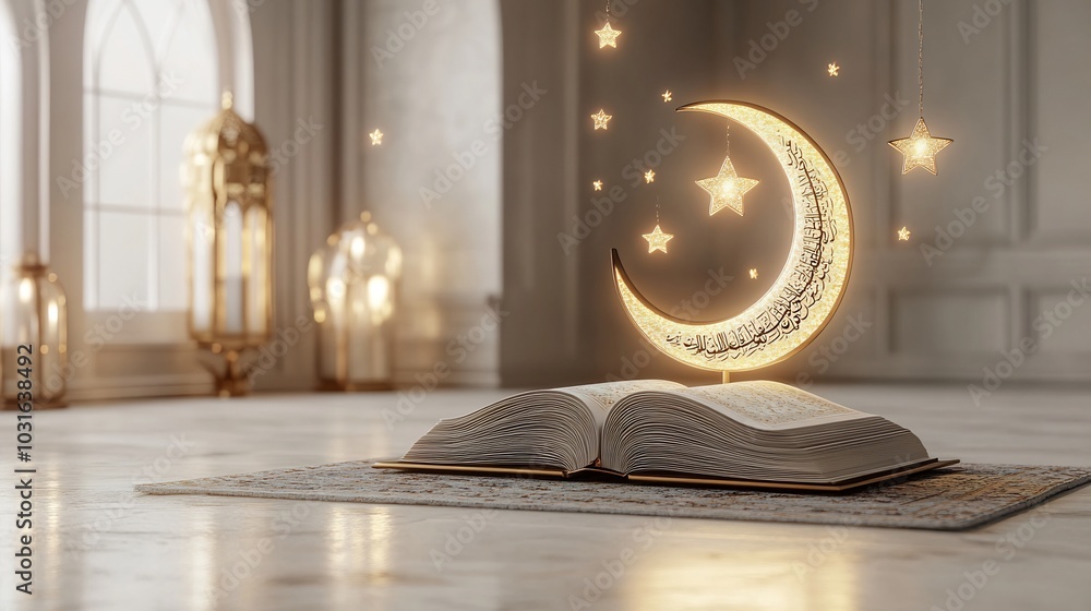 Poster elegant ramadan kareem design featuring 3d quran glowing crescent moon and floating stars with space