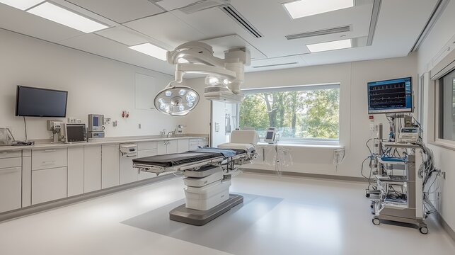 An overview of a high-tech operating room designed for neurosurgery, showcasing advanced equipment and monitoring systems in a bright white laboratory setting.