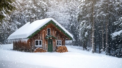 A charming wooden cabin is nestled in a serene winter forest, surrounded by tall, snow-covered trees.