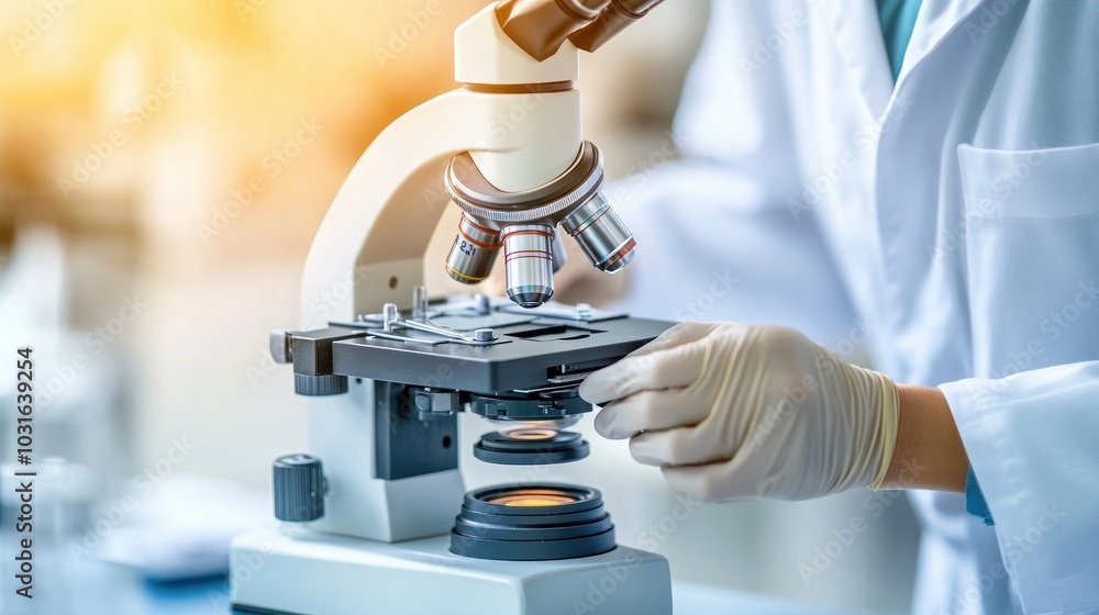 Poster A Scientist Adjusting a Microscope in a Laboratory Setting