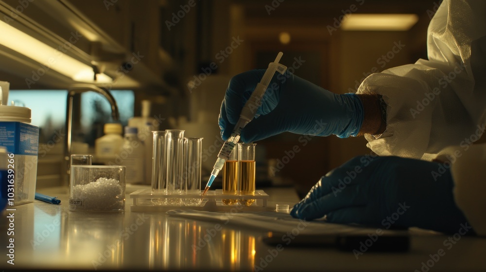 Poster Scientist in a Lab Coat Using a Syringe to Add Liquid to a Test Tube