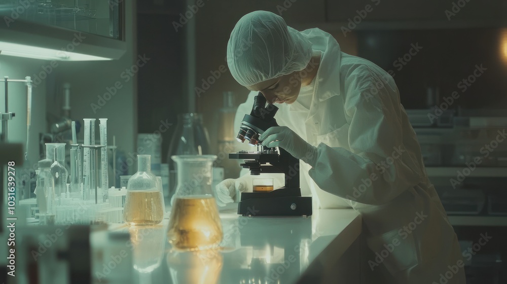 Poster A Scientist in a Lab Coat Using a Microscope