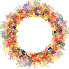 Autumn watercolor png illustration: elegant frame, round floral composition. Hand drawn isolated object on a transparent  background.  Element for design pattern, invitation, textile, card, scrapbook.