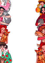 Eight women show off their cats. There are orange, grey, brown, and Siamese cats of various breeds., hand-drawn watercolor frame design