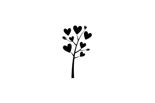 Simple black tree vector with heart leaves, love symbol on white background